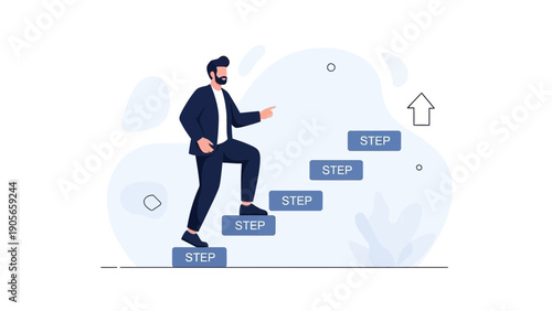 Businessman climbing stairs, progress, success, career growth concept