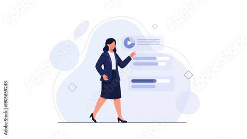 Businesswoman presenting a video timeline interface on a digital screen