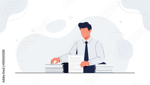 Businessman working with piles of documents at desk, office workflow illustration