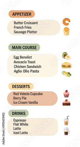 Restaurant Menu with Appetizer Main Course Dessert Drinks.