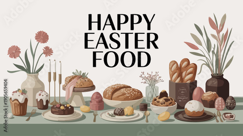 Happy Easter Food with Bread, Cakes, and Seasonal Treats