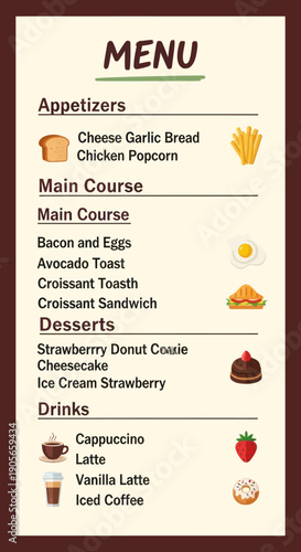 Restaurant Menu with Food and Drink Options.