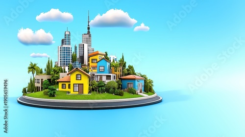 Vibrant Cityscape on a Lush Island Pastel Houses, Skyscrapers, and