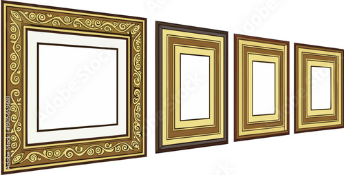 A collection of antique picture frames are presented against a stark white background. The frames are rectangular, varying in size, ornamentation, and color. The largest frame is positioned on the lef