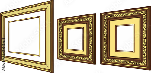 A collection of antique picture frames are presented against a stark white background. The frames are rectangular, varying in size, ornamentation, and color. The largest frame is positioned on the lef