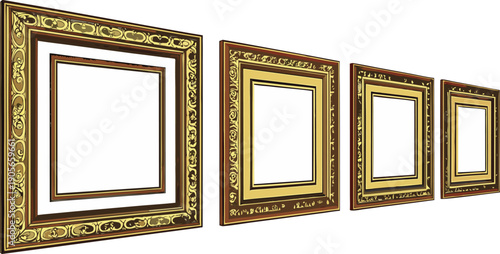 A collection of antique picture frames are presented against a stark white background. The frames are rectangular, varying in size, ornamentation, and color. The largest frame is positioned on the lef