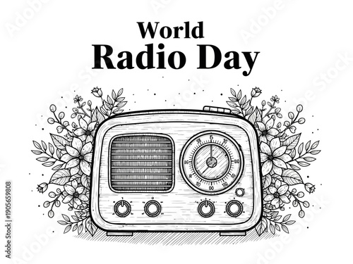 Vintage radio surrounded by flowers