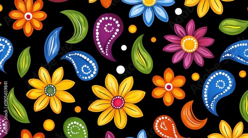 Vibrant Floral and Paisley Pattern on Black Background