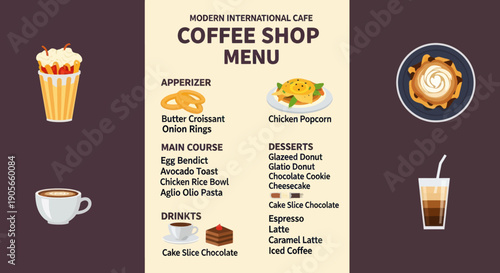 Coffee Shop Menu with Beverages and Desserts.