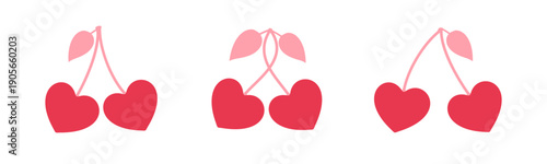 Cherry hearts icons, love romantic symbols