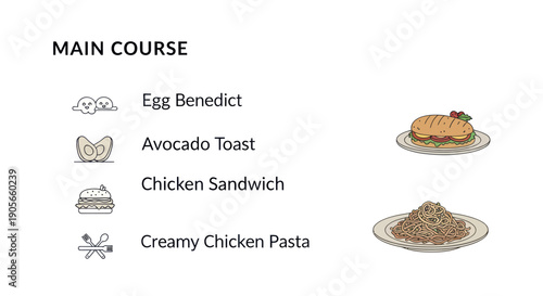 Food Menu with Various Main Course Dishes.