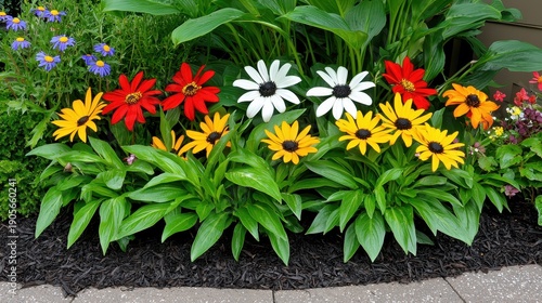 Vibrant Garden Bed Displaying Yellow Red and White Flowers with Green