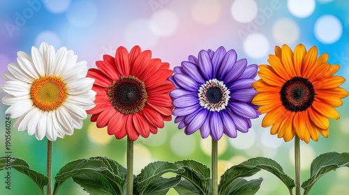 Vibrant Gerbera Daisies in White Red Purple and Orange Against Pastel