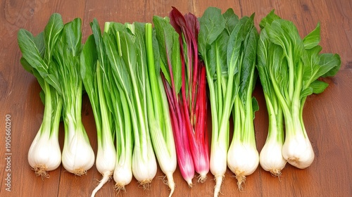 Vibrant Green and Red Spinach Bunches on Wooden Table