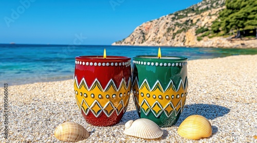 Vibrant Hand Painted Candles on Sunny Beach