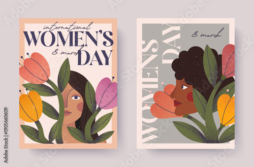 International Womens Day poster set.Female portraits and floral elements.Modern feminist greeting cards celebrating empowerment,equality and diversity.Vertical templates for social media,print design