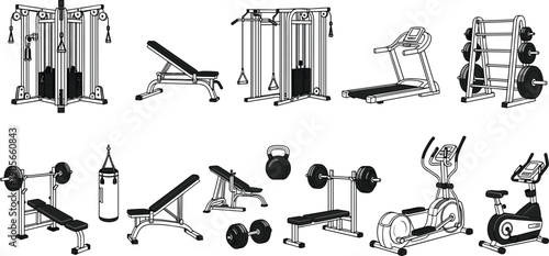 Gym equipment silhouettes, fitness machines collection, strength training artwork, cardio workout illustration