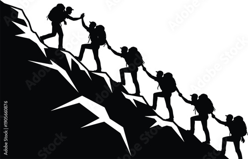 Mountain climbing silhouettes, hikers ascending slope, teamwork cooperation illustration, helping hands concept, outdoor adventure artwork, rugged terrain design, black silhouette illustration