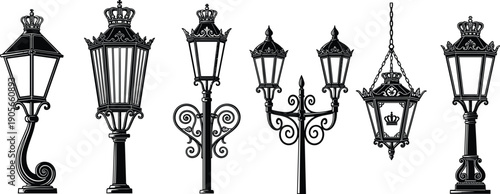 Ornate vintage street lamp silhouettes, decorative lantern posts, classical outdoor lighting fixtures, regal crown designs, architectural elements, urban streetlight artwork
