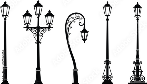 Vintage street lamp vector illustration, ornate decorative silhouette design, classical outdoor lighting artwork, black and white architectural element, antique lantern graphic