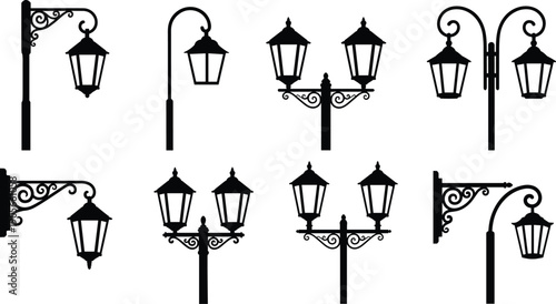 Vintage street lamp vector illustration, ornate decorative silhouette design, classical outdoor lighting artwork, black and white architectural element, antique lantern graphic