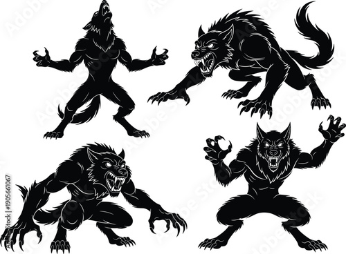 Werewolf vector illustration, ferocious monster pose, black and white horror creature, snarling wolfman design, spooky Halloween beast artwork, flat vector illustration