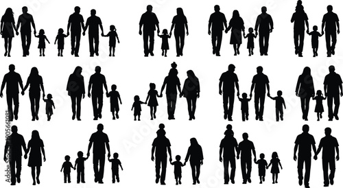Family silhouettes, parents with children, walking together illustration, holding hands artwork, diverse family structures, black silhouette design, flat vector illustration