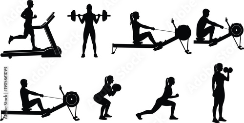 Fitness exercise silhouettes, treadmill running figure, barbell lifting artwork, rowing machine illustration, squat medicine ball design, dumbbell workout vector, black silhouette artwork