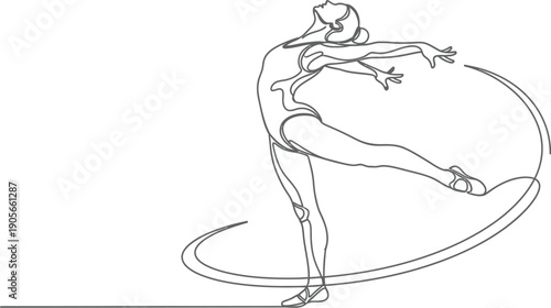 Elegant continuous line drawing capturing the graceful movement and expressive pose of a female ballet dancer performing a dynamic dance step.