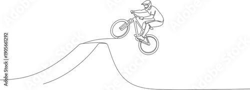 Single line continuous drawing illustrating a mountain biker performing an impressive jump off a steep ramp during extreme sports competition
