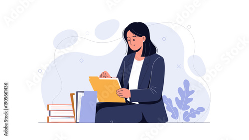 Woman in suit organizing documents in a folder, business office concept.