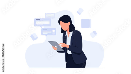 Businesswoman using tablet with digital messages and cubes illustration