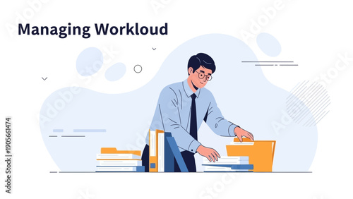 Office worker managing workload with files and documents, business organization concept