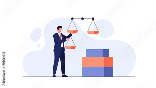 Businessman balancing scales of justice and stacked blocks, symbolizing decision making