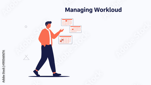 Man Managing Workload with Calendar Icons, Planning and Organization