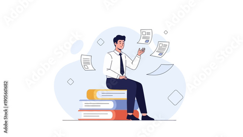 Businessman Sitting on Stack of Books with Floating Papers, Knowledge and Success Concept