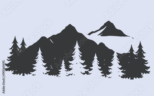 Silhouette of mountains and pine trees against a light background