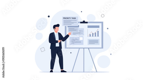 Businessman presenting priority tasks on a whiteboard with charts and graphs