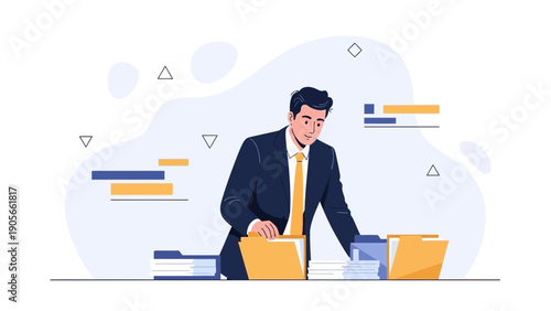 Businessman organizing files and documents in office, business concept illustration