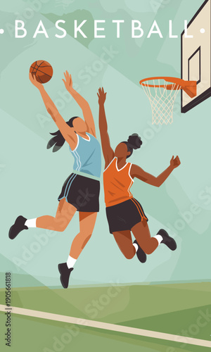 Two Female Basketball Players Jumping Near Hoop