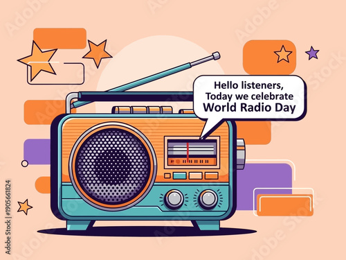 Vintage radio with speech bubble on peach background