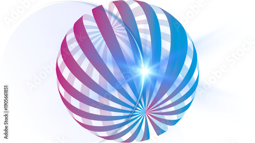 A colorful, striped sphere with a shiny surface and lens flare against a white background with a subtle gradient.