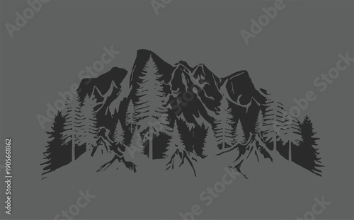 Black and white illustration of a mountain range with pine trees