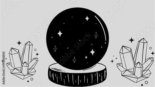Digital illustration of a crystal ball with stars on a wooden stand flanked by two crystal clusters and decorative elements on a gray background.