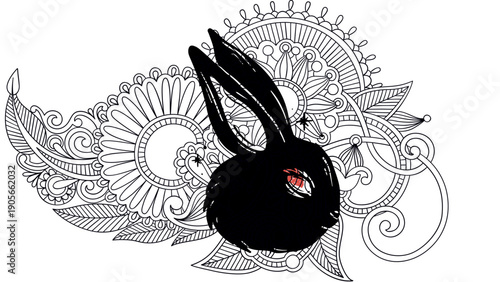 Illustration of a black rabbit with red eye surrounded by intricate floral patterns and mandalas on a white background.