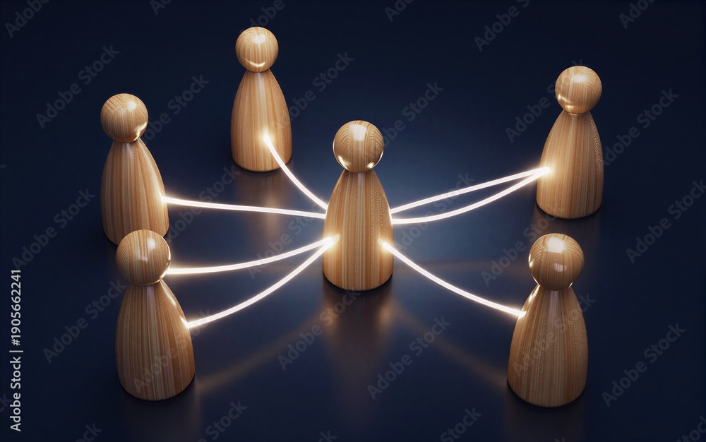 Obraz premium Wooden figures connected by glowing lines, symbolizing networked collaboration.