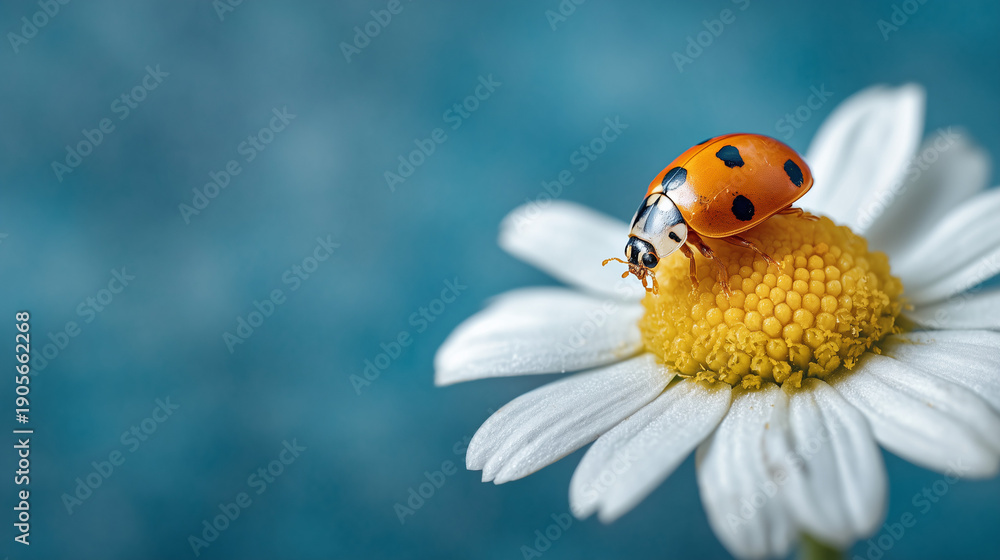 Obraz premium ladybug on top of daisy sunflower isolated on blue background with copy space