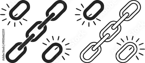 A collection of eight distinct icons representing chain links, arranged in two rows of four. The icons are primarily black against a transparent background. The first row includes a single, solid blac