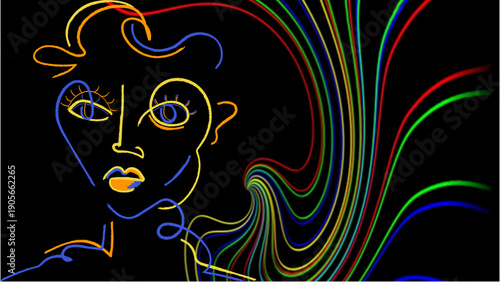 Neon line art portrait of a woman with colorful flowing hair against a black background with a dark and vibrant mood.