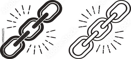 A collection of eight distinct icons representing chain links, arranged in two rows of four. The icons are primarily black against a transparent background. The first row includes a single, solid blac